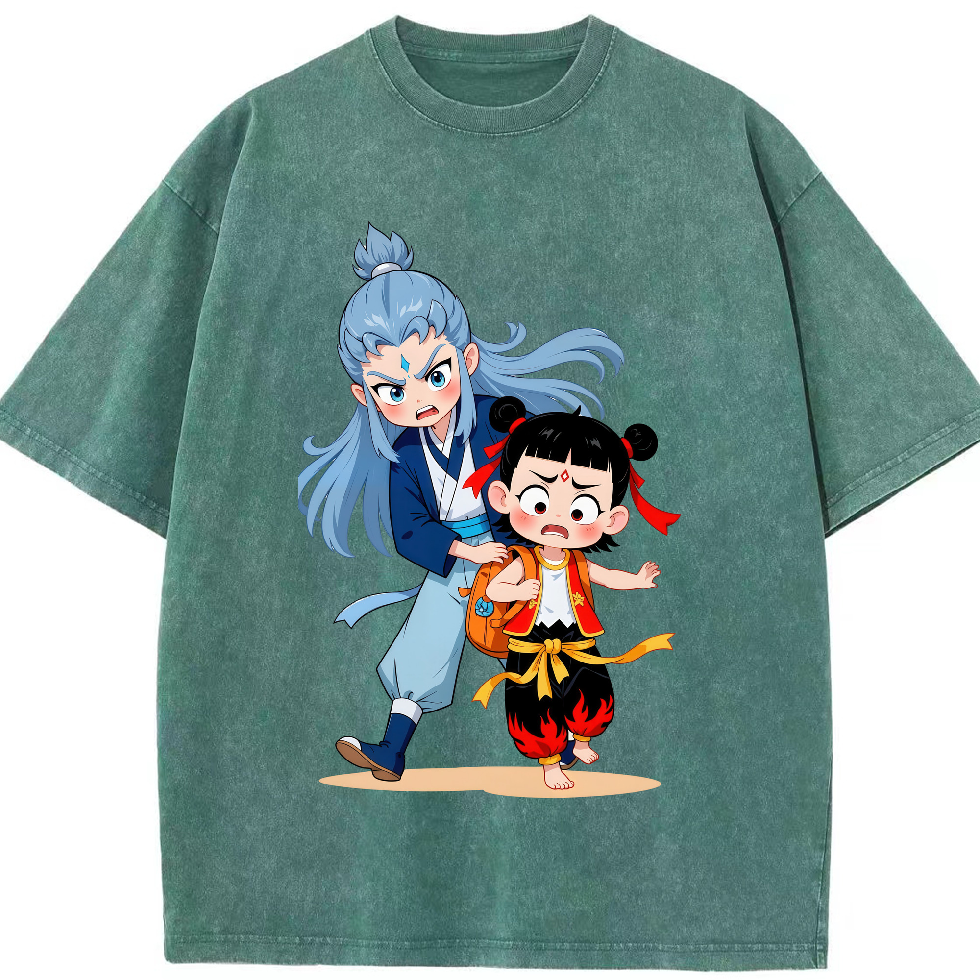 （画像用） Ne Zha 2 ナタ 魔童の大暴れ 綿100% ヴィンテージ風 半袖Tシャツ（フロントプリント）